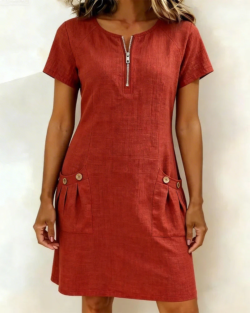 Remi | Women's Shift Dress Short Sleeve Zip Neck with Pockets