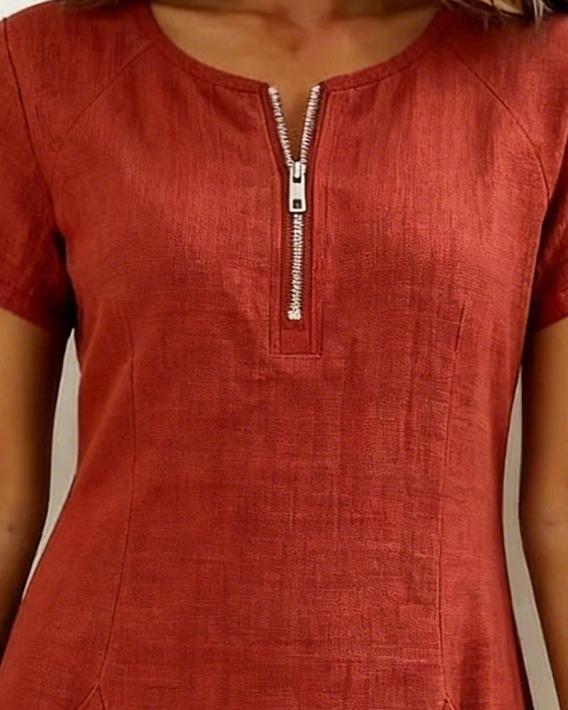 Remi | Women's Shift Dress Short Sleeve Zip Neck with Pockets - Image 10