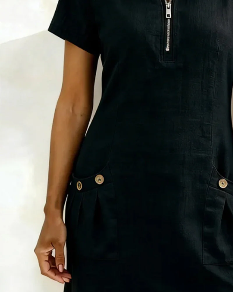 Remi | Women's Shift Dress Short Sleeve Zip Neck with Pockets - Image 11