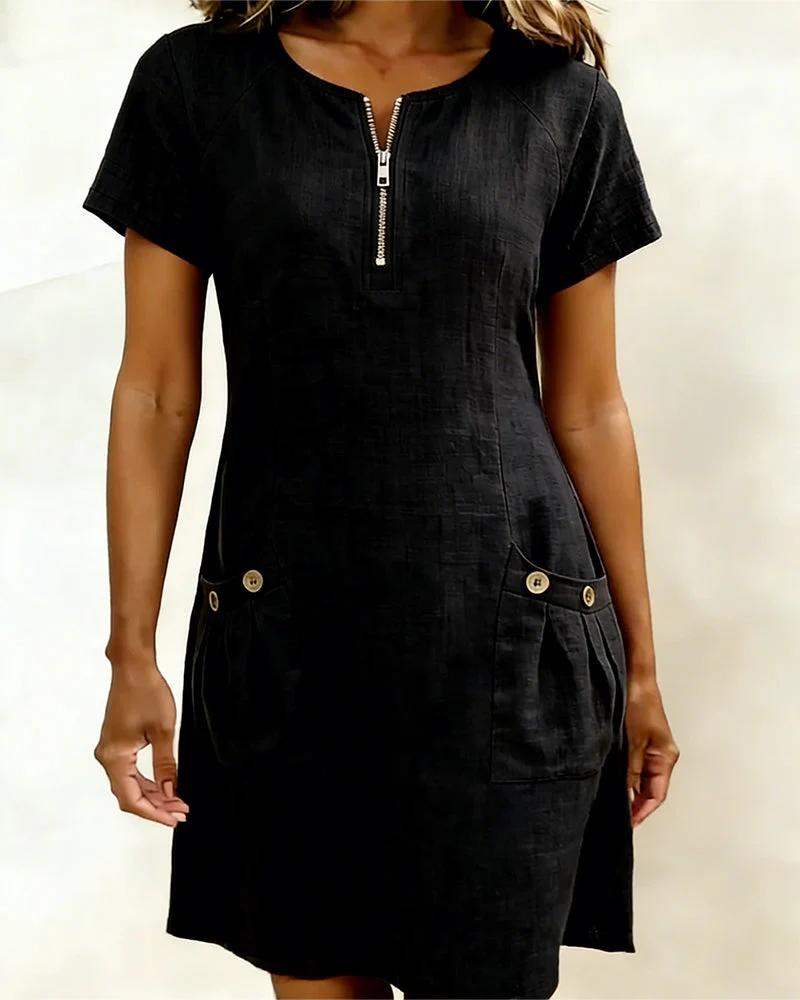 Remi | Women's Shift Dress Short Sleeve Zip Neck with Pockets - Image 13
