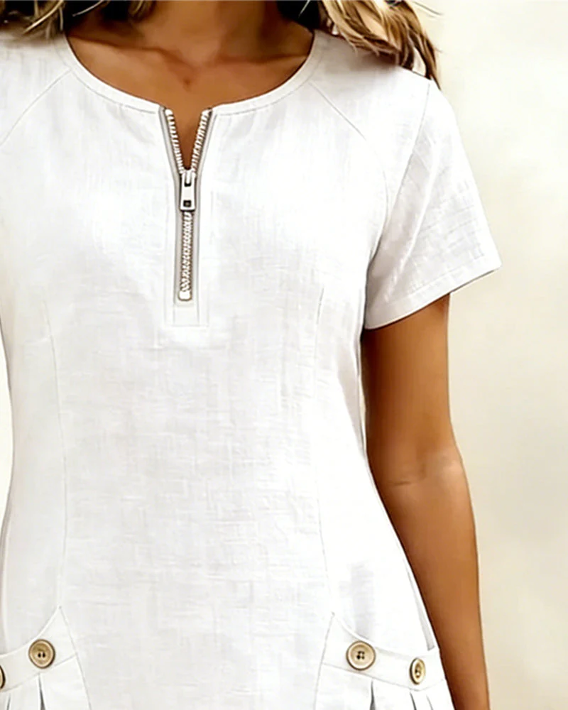 Remi | Women's Shift Dress Short Sleeve Zip Neck with Pockets - Image 14