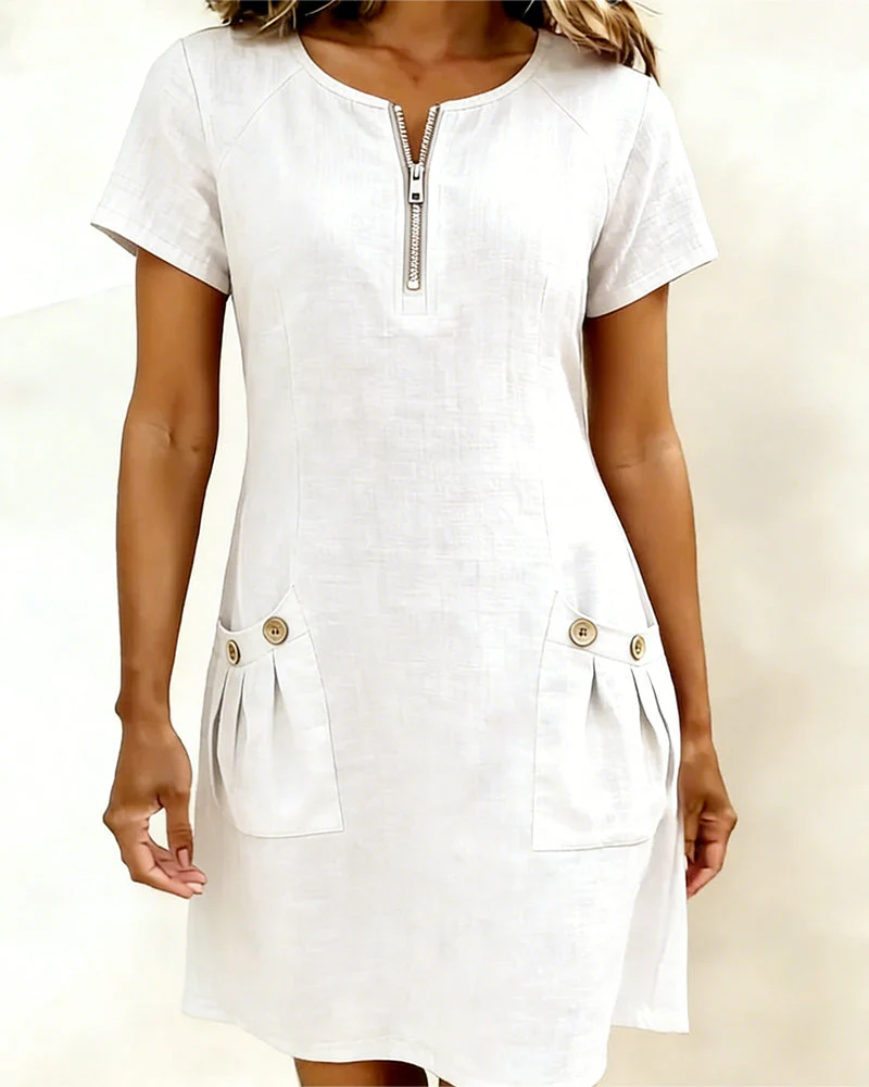 Remi | Women's Shift Dress Short Sleeve Zip Neck with Pockets - Image 15