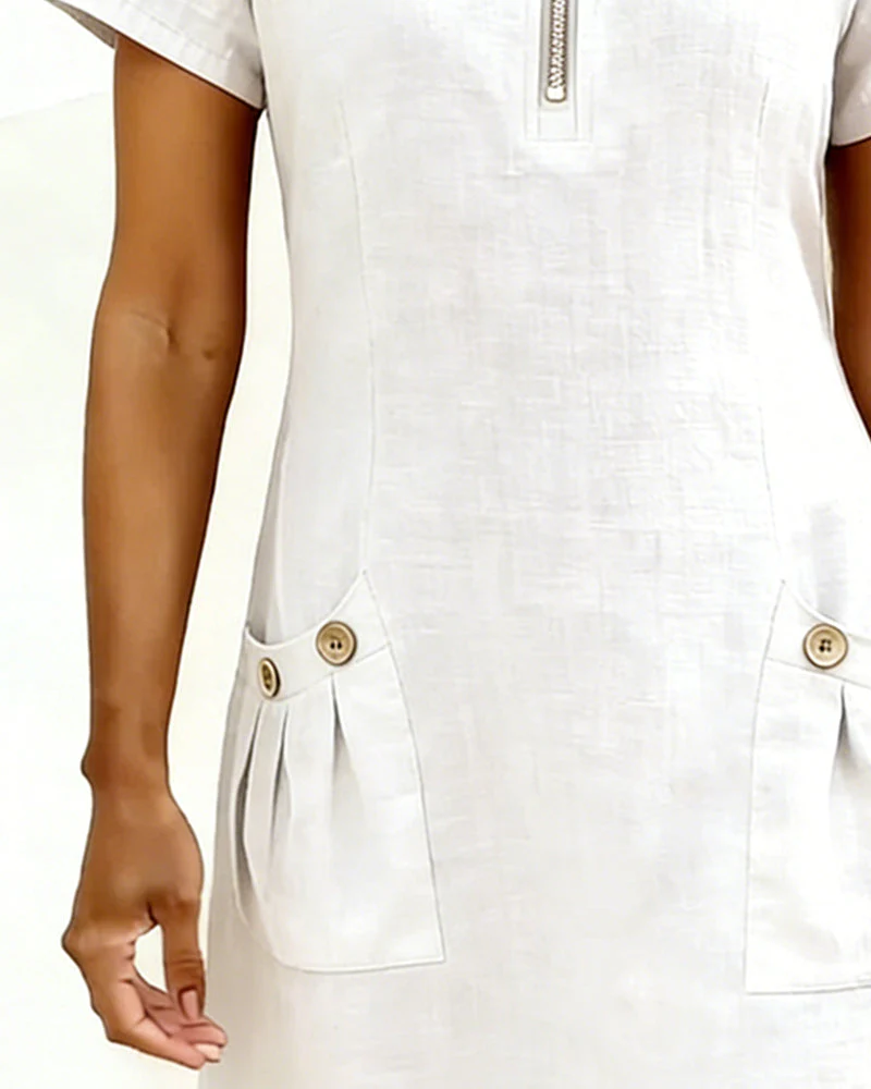 Remi | Women's Shift Dress Short Sleeve Zip Neck with Pockets - Image 16