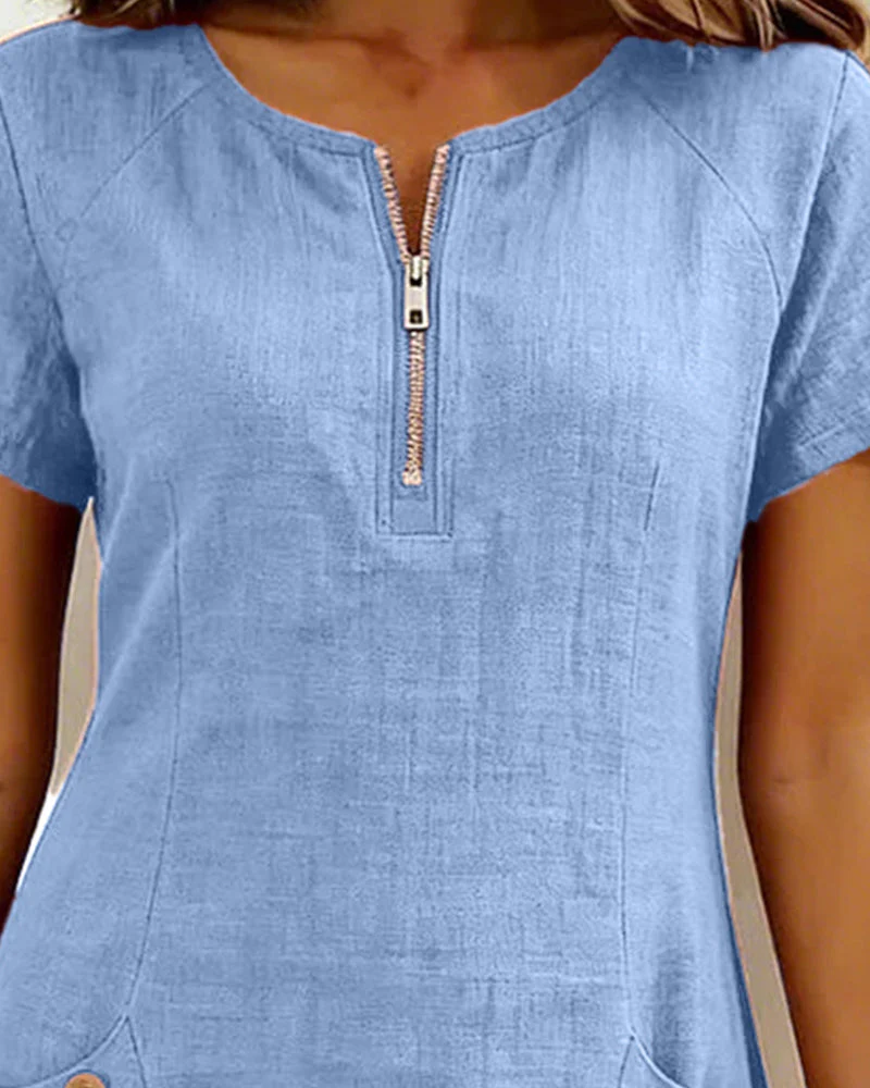 Remi | Women's Shift Dress Short Sleeve Zip Neck with Pockets - Image 19
