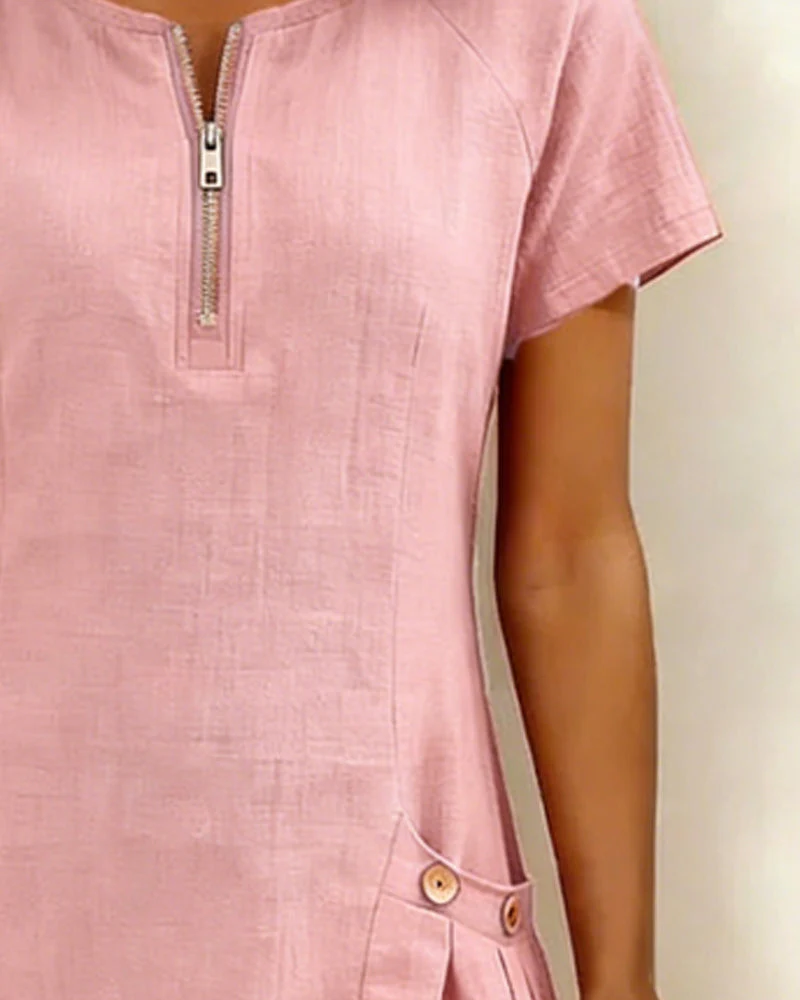 Remi | Women's Shift Dress Short Sleeve Zip Neck with Pockets - Image 23