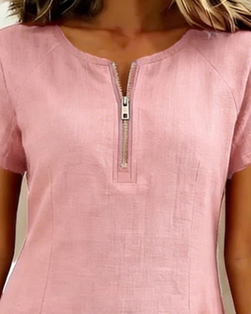 Remi | Women's Shift Dress Short Sleeve Zip Neck with Pockets - Image 26