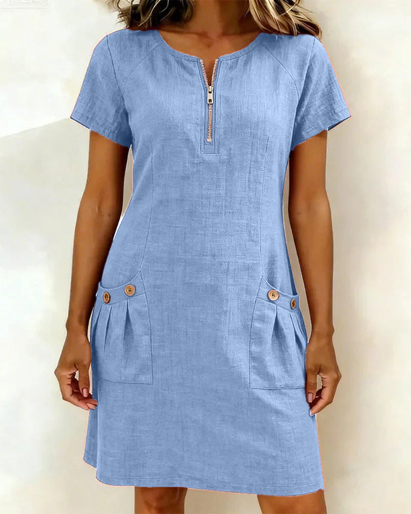 Remi | Women's Shift Dress Short Sleeve Zip Neck with Pockets - Image 5