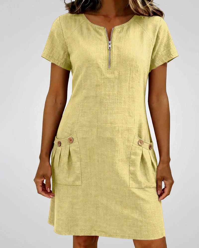 Remi | Women's Shift Dress Short Sleeve Zip Neck with Pockets - Image 6