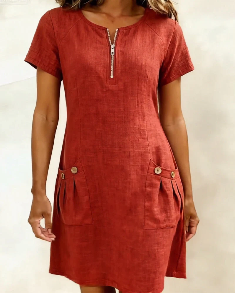 Remi | Women's Shift Dress Short Sleeve Zip Neck with Pockets - Image 8