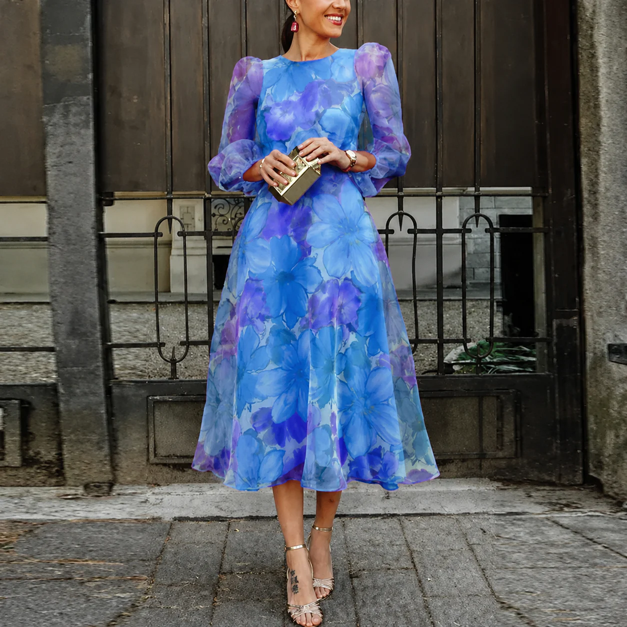 Rosalie | Women's Floral Chiffon Midi Dress Long Sleeve Wedding Guest - Image 2