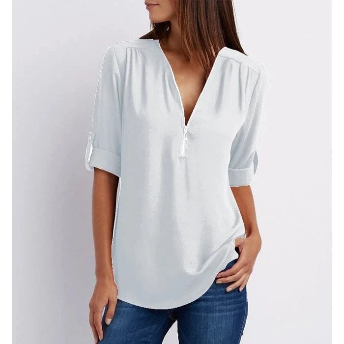 Rosé | Women's Zip-Up V-Neck Half Sleeve Casual Blouse Top - Image 2