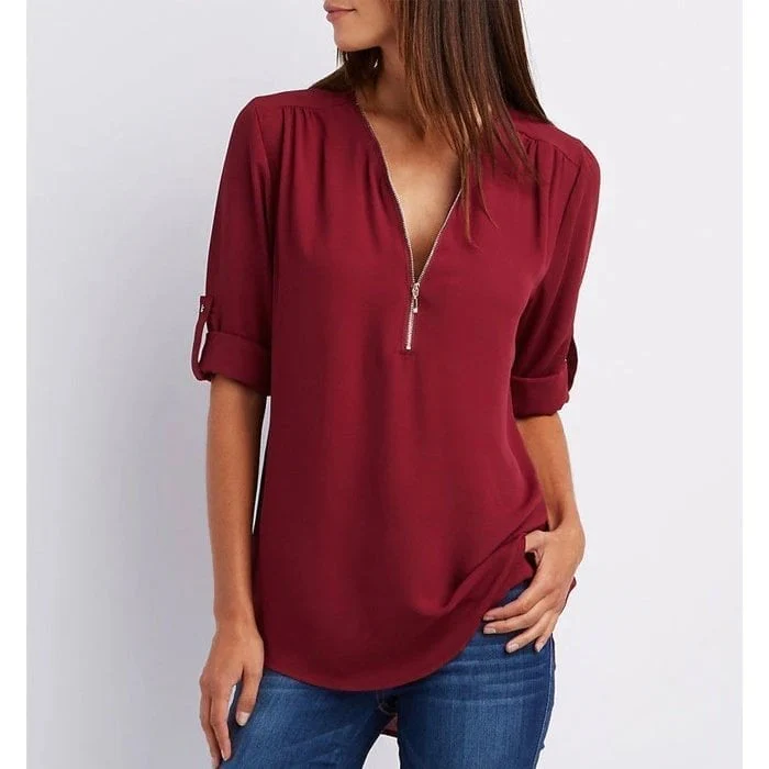 Rosé | Women's Zip-Up V-Neck Half Sleeve Casual Blouse Top - Image 3