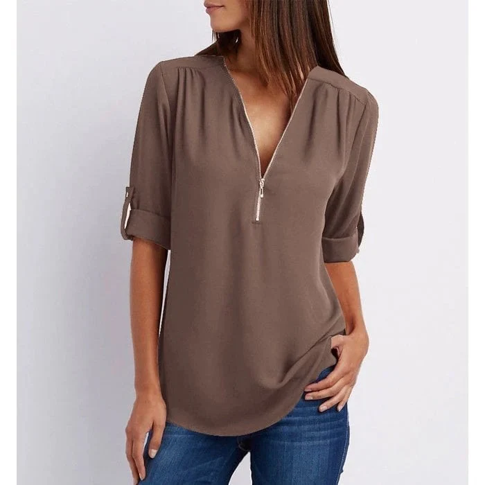 Rosé | Women's Zip-Up V-Neck Half Sleeve Casual Blouse Top - Image 4