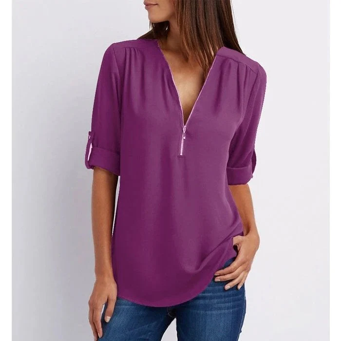Rosé | Women's Zip-Up V-Neck Half Sleeve Casual Blouse Top - Image 5