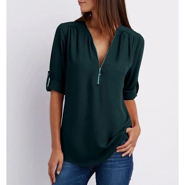 Rosé | Women's Zip-Up V-Neck Half Sleeve Casual Blouse Top - Image 6