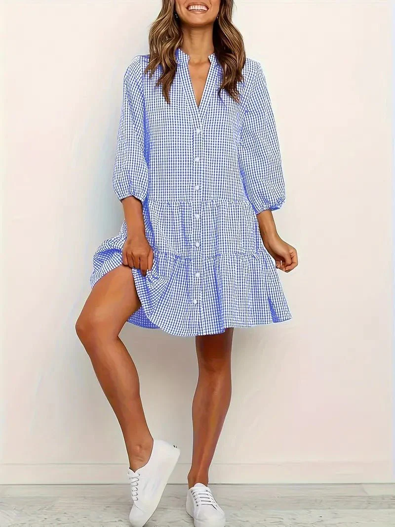 Rosie | Women's Gingham Print Button-Down Mini Dress 3/4 Sleeve - Image 2