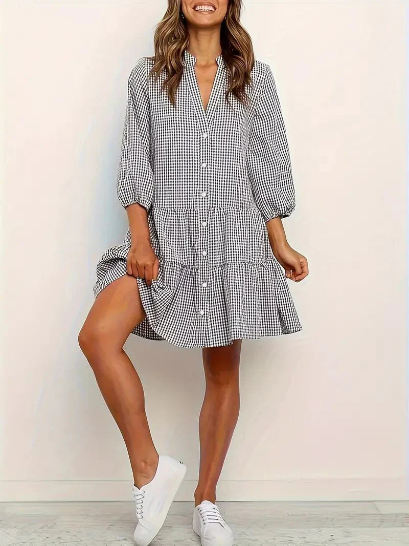 Rosie | Women's Gingham Print Button-Down Mini Dress 3/4 Sleeve - Image 3