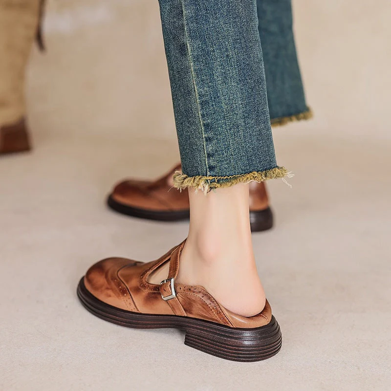 Rosie | Women's Leather T-Strap Mary Jane Shoes Brogue Block Heel - Image 4