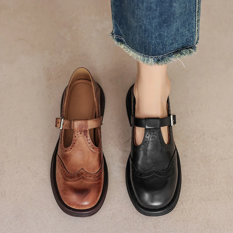 Rosie | Women's Leather T-Strap Mary Jane Shoes Brogue Block Heel - Image 5