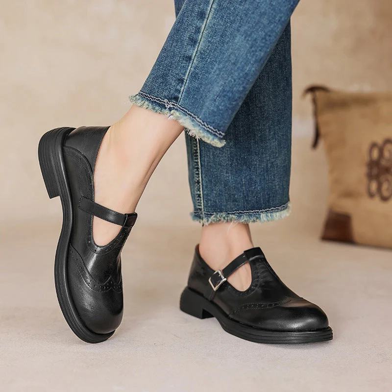 Rosie | Women's Leather T-Strap Mary Jane Shoes Brogue Block Heel - Image 6