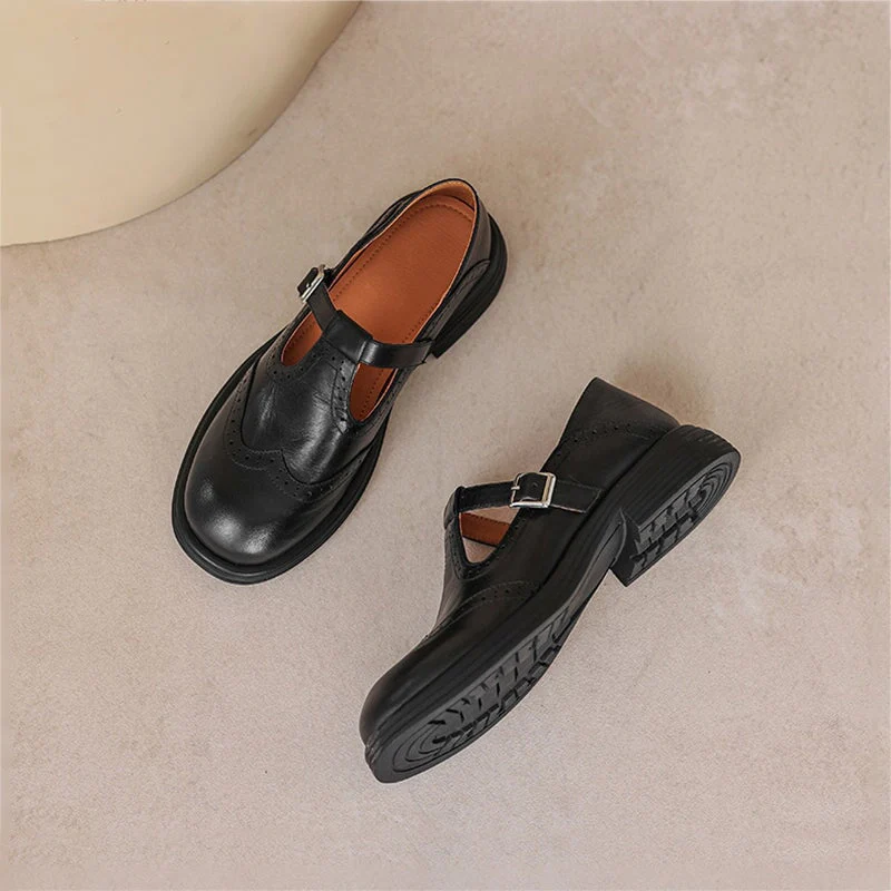 Rosie | Women's Leather T-Strap Mary Jane Shoes Brogue Block Heel - Image 7