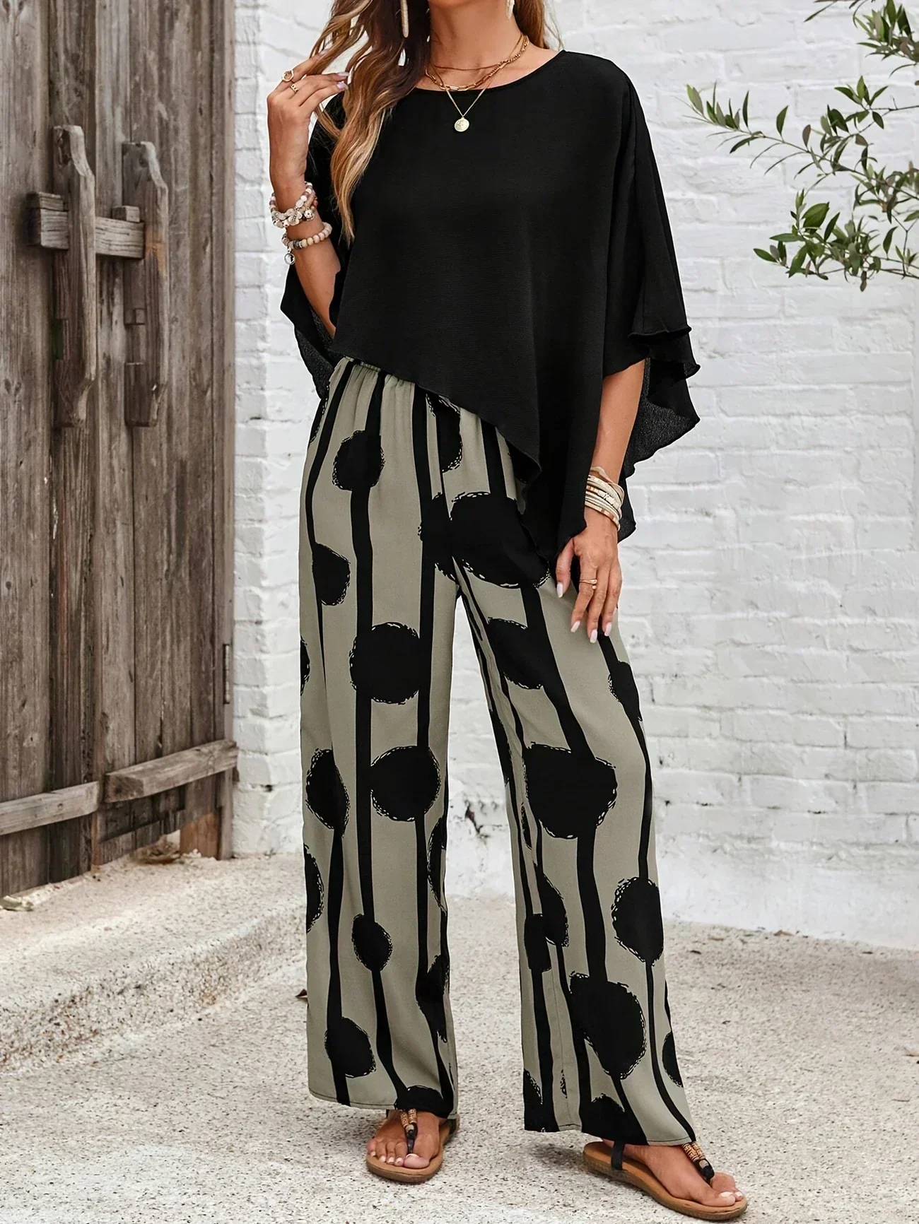 Sage | Women's 2 Piece Set Batwing Top and Wide Leg Print Pants - Image 3
