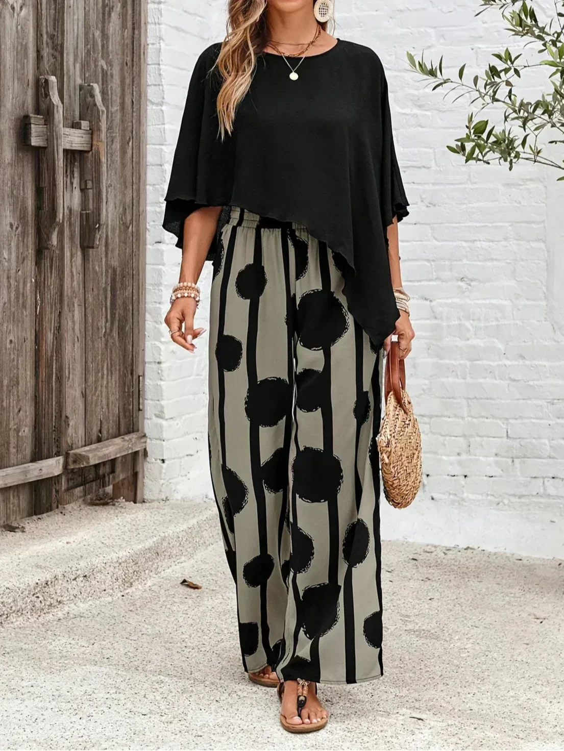 Sage | Women's 2 Piece Set Batwing Top and Wide Leg Print Pants - Image 4