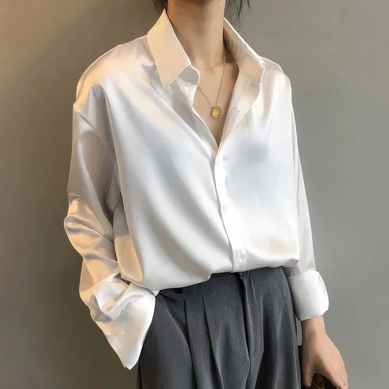 Sage | Women's Satin Button-Down Blouse Long Sleeve Collar Shirt - Image 2