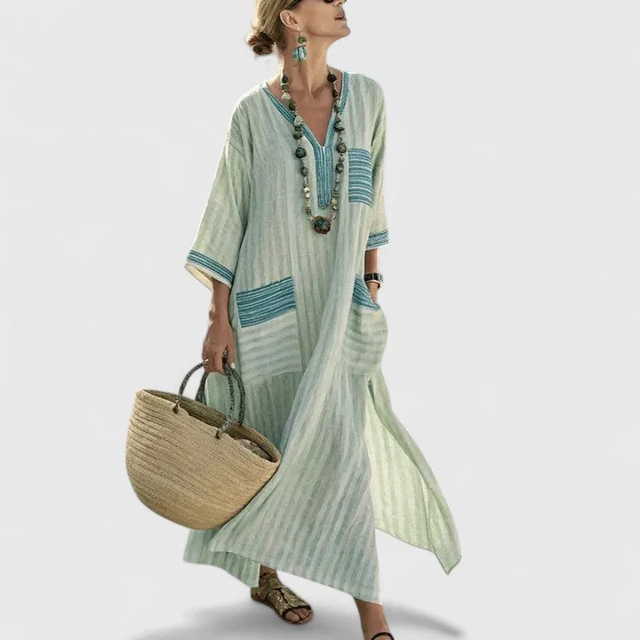 Sage | Women's V-Neck Striped Linen Maxi Dress with Pockets