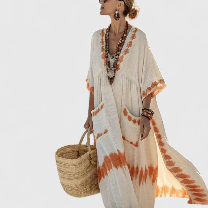 Sage | Women's V-Neck Striped Linen Maxi Dress with Pockets - Image 3