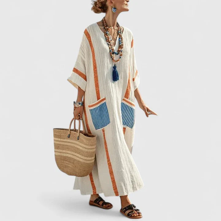 Sage | Women's V-Neck Striped Linen Maxi Dress with Pockets - Image 4