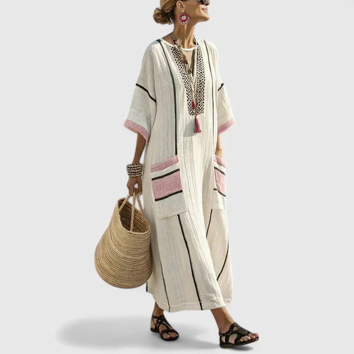 Sage | Women's V-Neck Striped Linen Maxi Dress with Pockets - Image 5