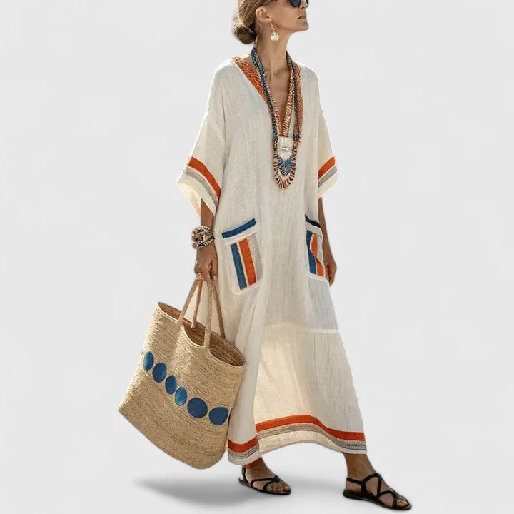 Sage | Women's V-Neck Striped Linen Maxi Dress with Pockets - Image 6