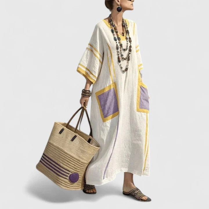 Sage | Women's V-Neck Striped Linen Maxi Dress with Pockets - Image 7