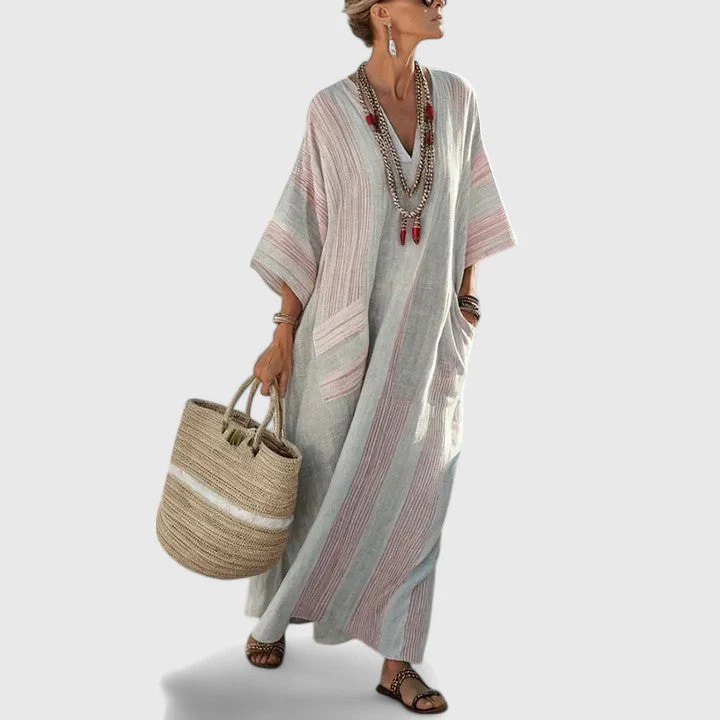 Sage | Women's V-Neck Striped Linen Maxi Dress with Pockets - Image 8