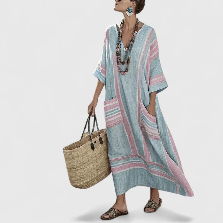 Sage | Women's V-Neck Striped Linen Maxi Dress with Pockets - Image 9