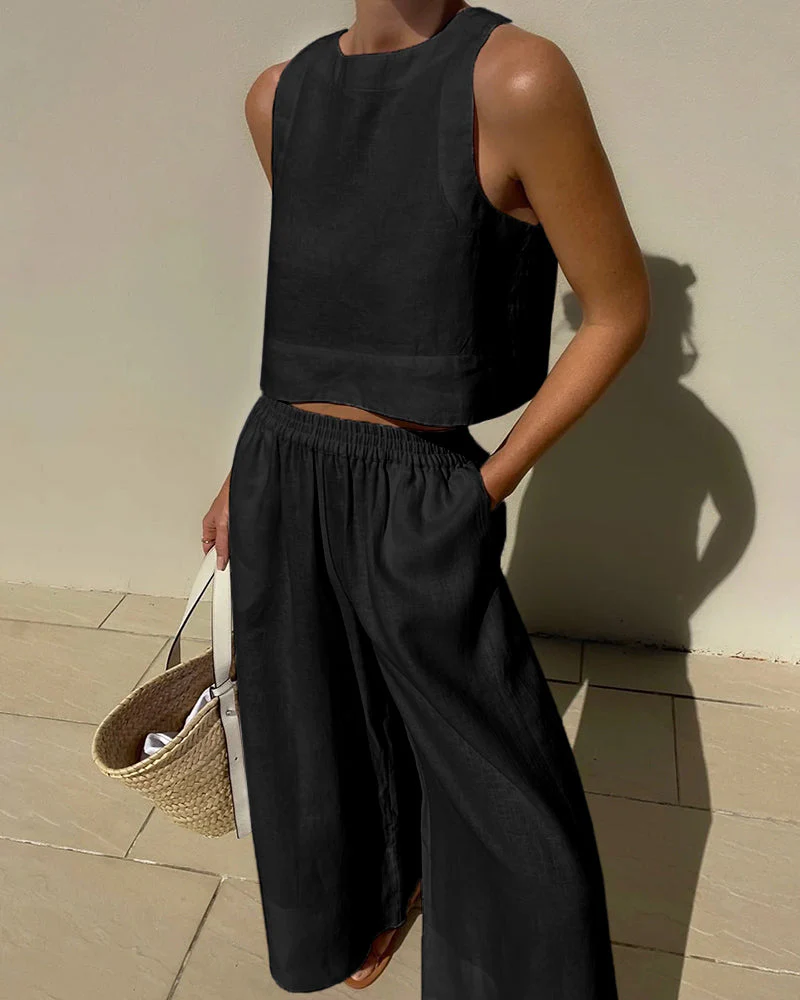 Salina | Women's Two Piece Set Crop Top Wide Leg Pants - Image 2