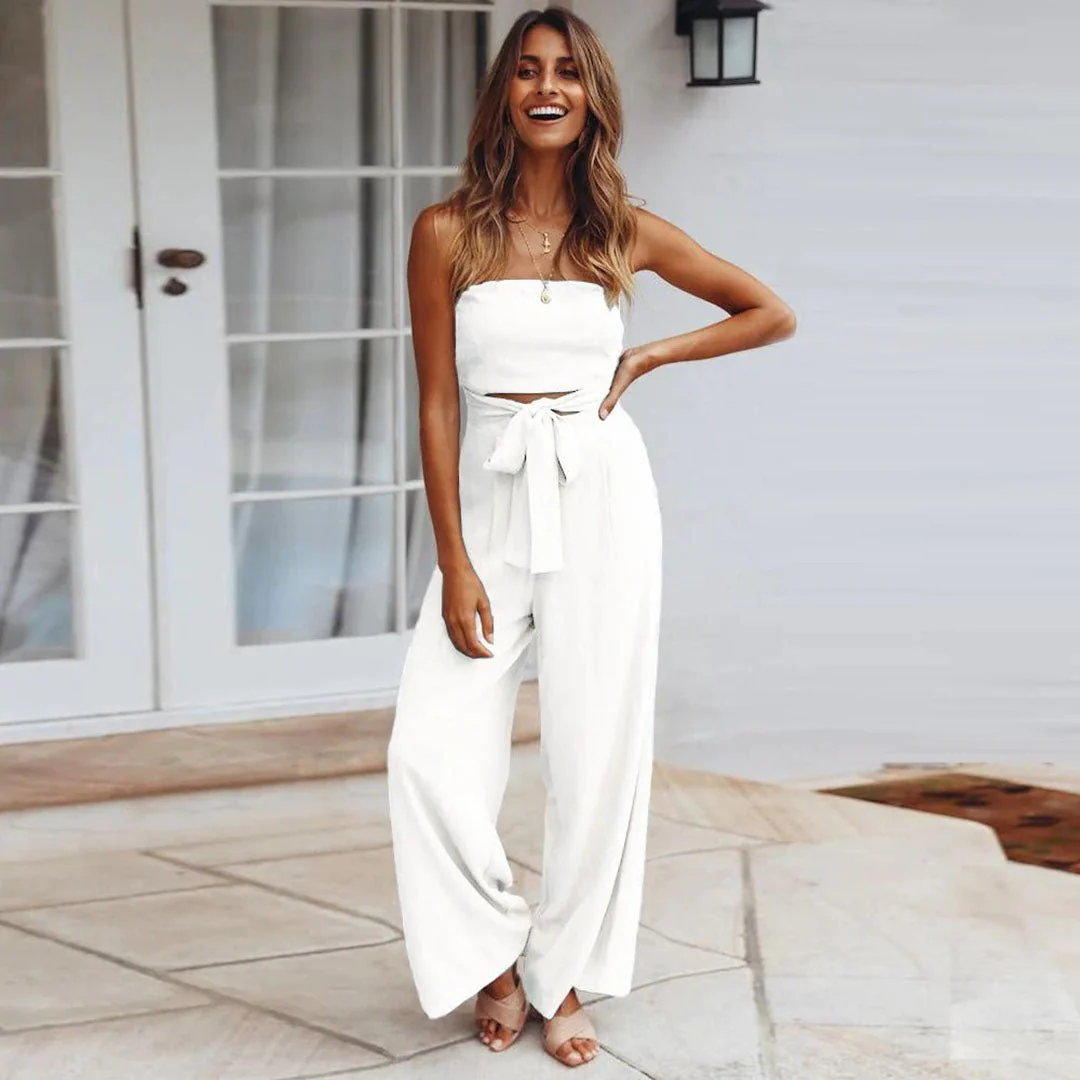 Sandy | Women's Strapless Tie Waist Wide Leg Jumpsuit - Image 3