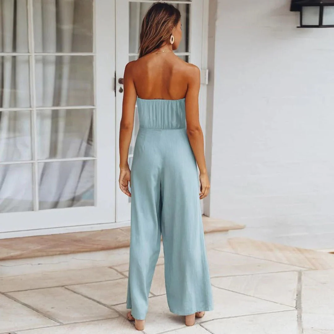 Sandy | Women's Strapless Tie Waist Wide Leg Jumpsuit - Image 7
