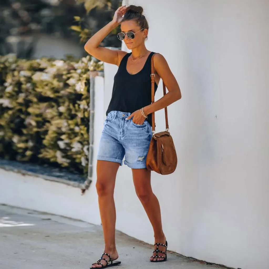 Scout | Women's High Waist Denim Shorts Distressed Rolled Hem - Image 2