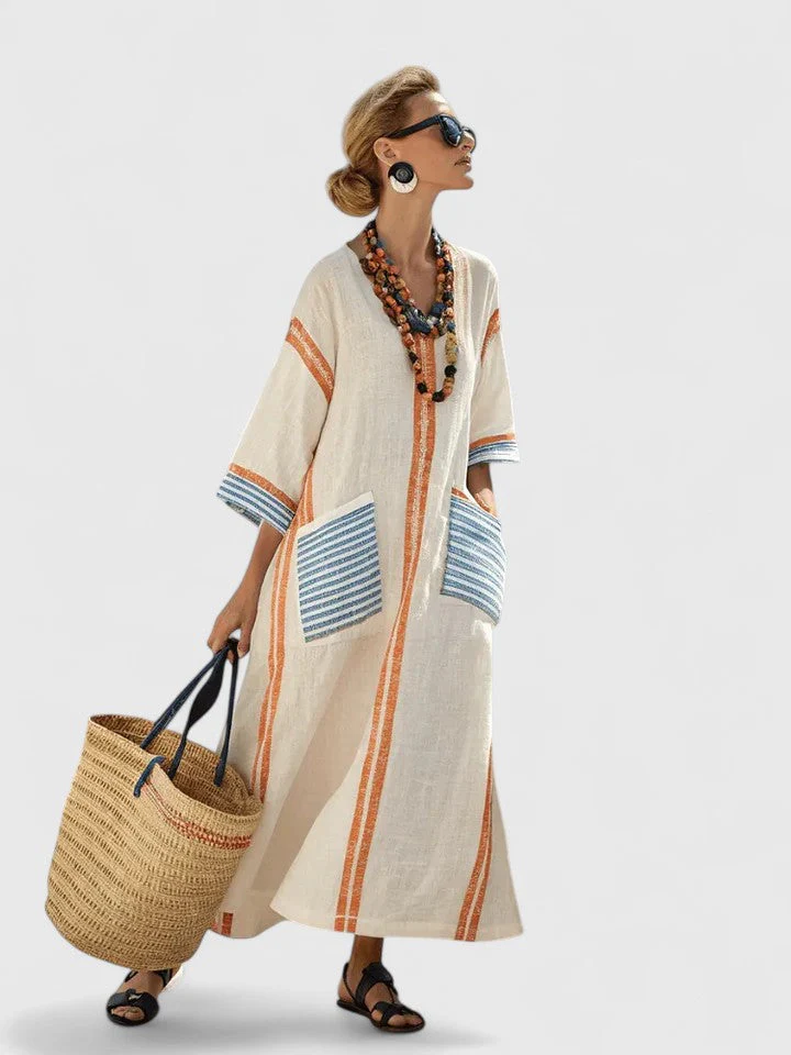 Serena | Women's V-Neck Kaftan Maxi Dress with Stripe Detail - Image 2