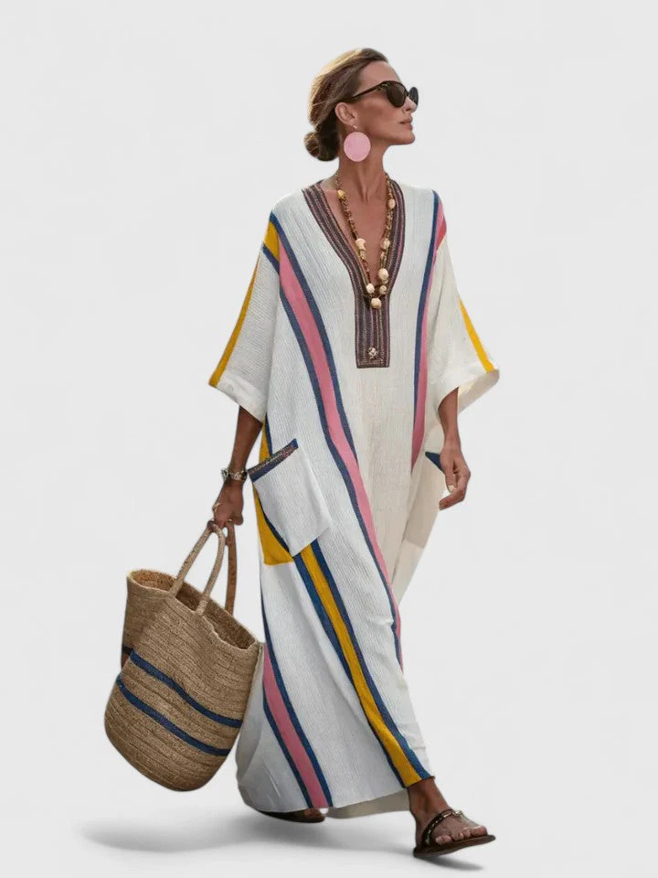 Serena | Women's V-Neck Kaftan Maxi Dress with Stripe Detail - Image 3