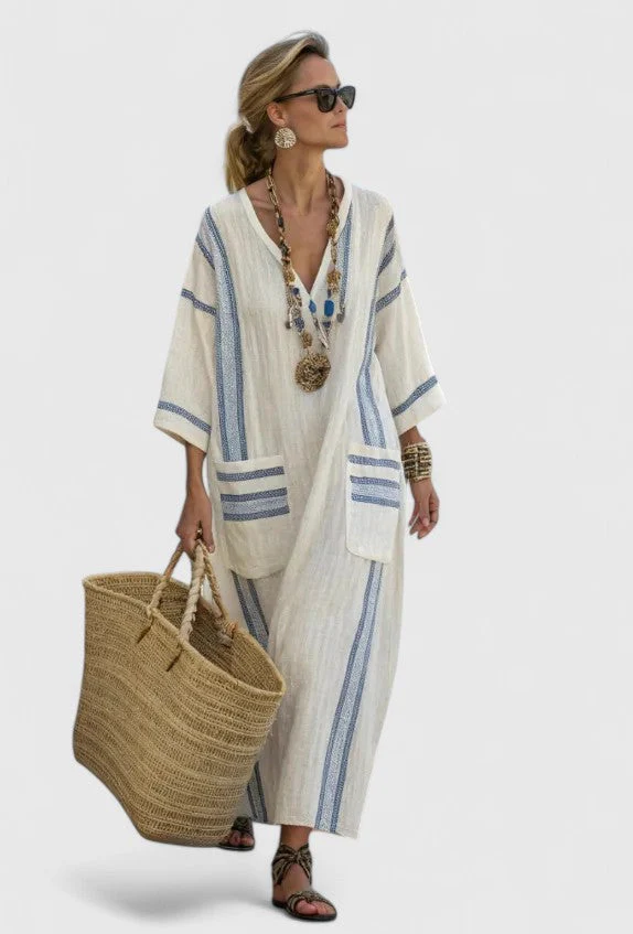 Serena | Women's V-Neck Kaftan Maxi Dress with Stripe Detail - Image 4