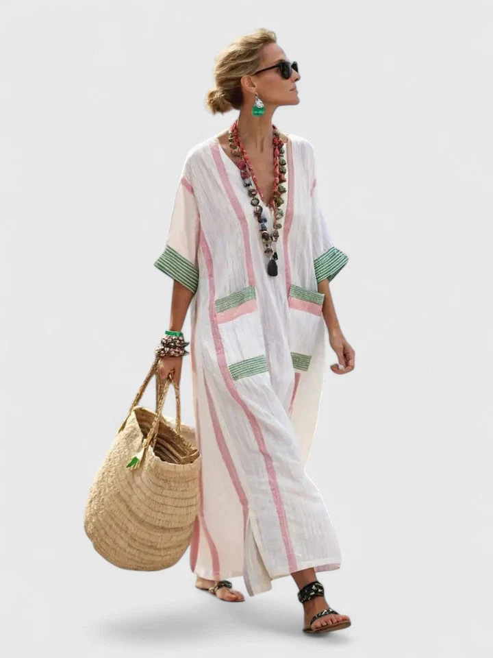 Serena | Women's V-Neck Kaftan Maxi Dress with Stripe Detail - Image 5