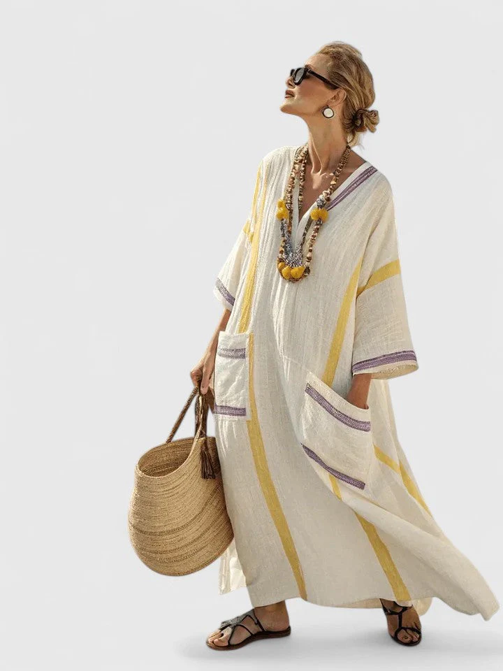 Serena | Women's V-Neck Kaftan Maxi Dress with Stripe Detail - Image 6