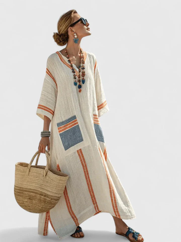 Serena | Women's V-Neck Kaftan Maxi Dress with Stripe Detail - Image 7
