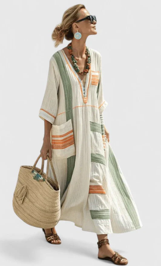 Serena | Women's V-Neck Kaftan Maxi Dress with Stripe Detail - Image 8