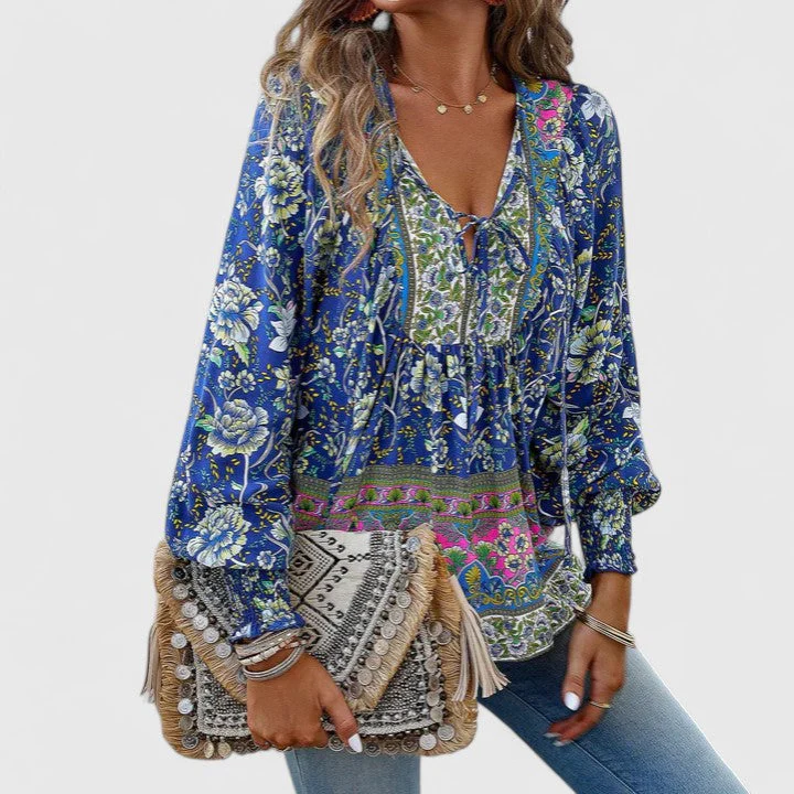 Sienna | Women's Floral Boho Blouse V-Neck Puff Sleeve Top - Image 2