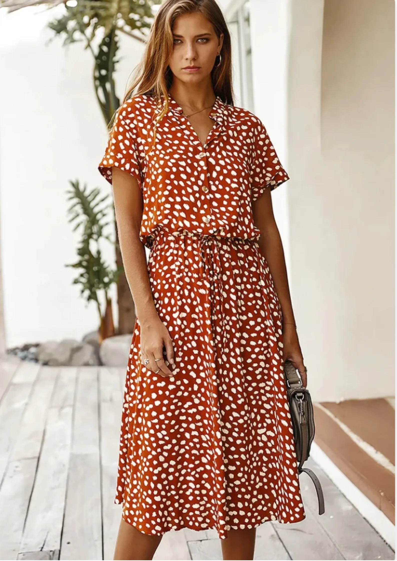 Sienna | Women's Spotted Print Button-Down Midi Dress - Image 4