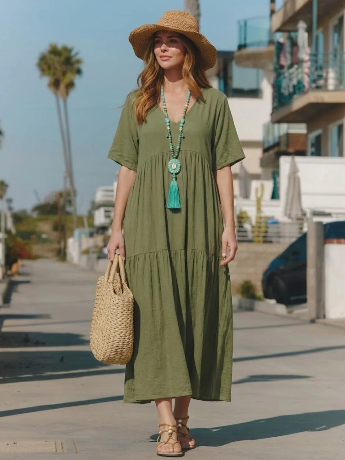 Sienna | Women's V-Neck Tiered Maxi Swing Dress with Short Sleeves - Image 13